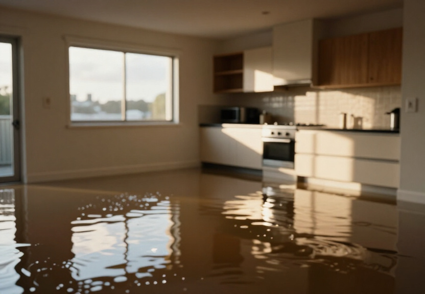 Flooded basement in a Bankstown apartment building before drying